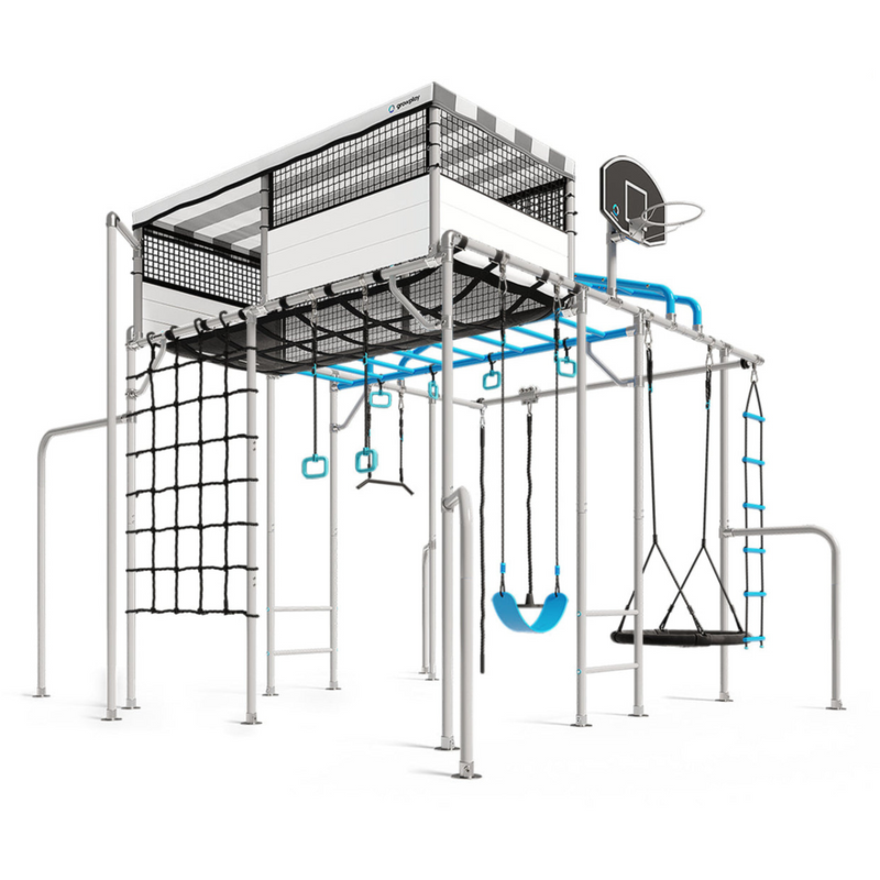 Playground structure with climbing net, swing set, and basketball hoop on a white background