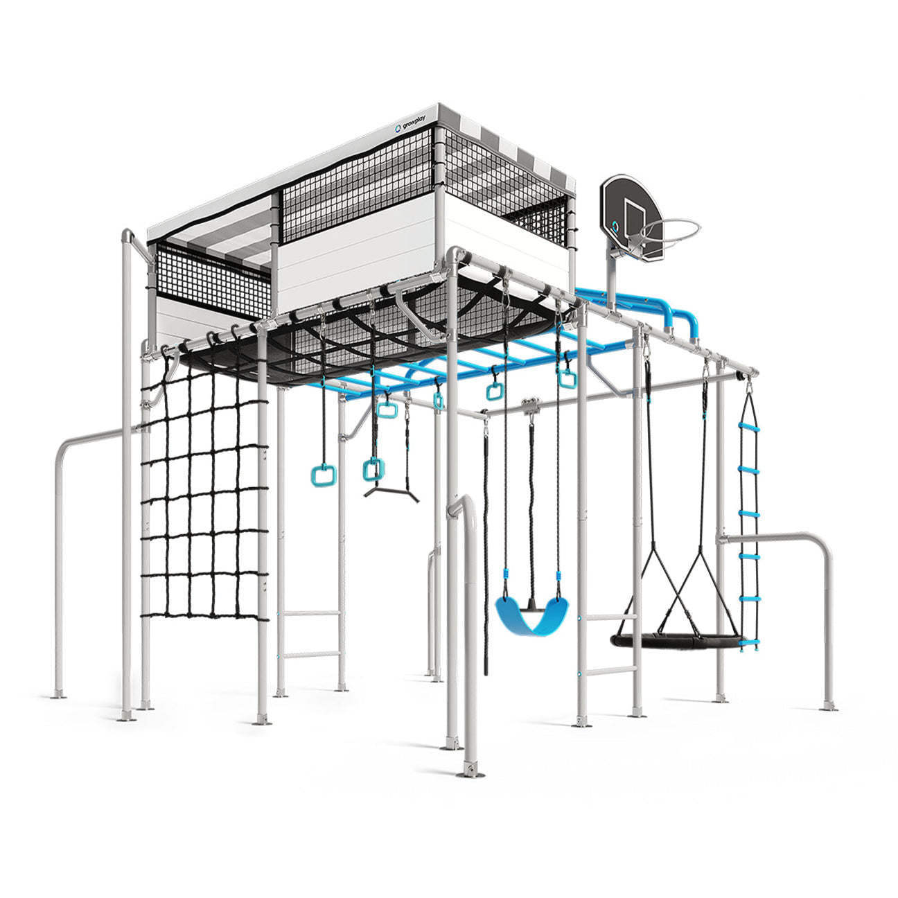 Children's playground structure with swings and a basketball hoop on a white background