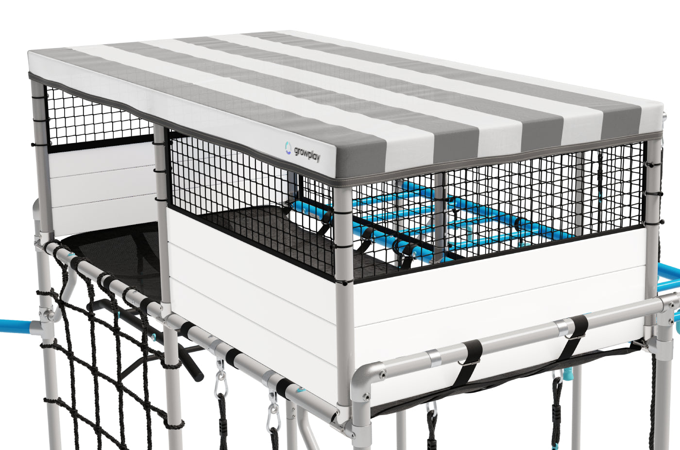 Close-up of the galvanized steel frame and powder-coated aluminum panels on a Growplay Playhouse
