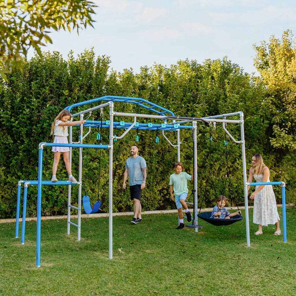 Metal jungle gym frame for backyard play in the USA